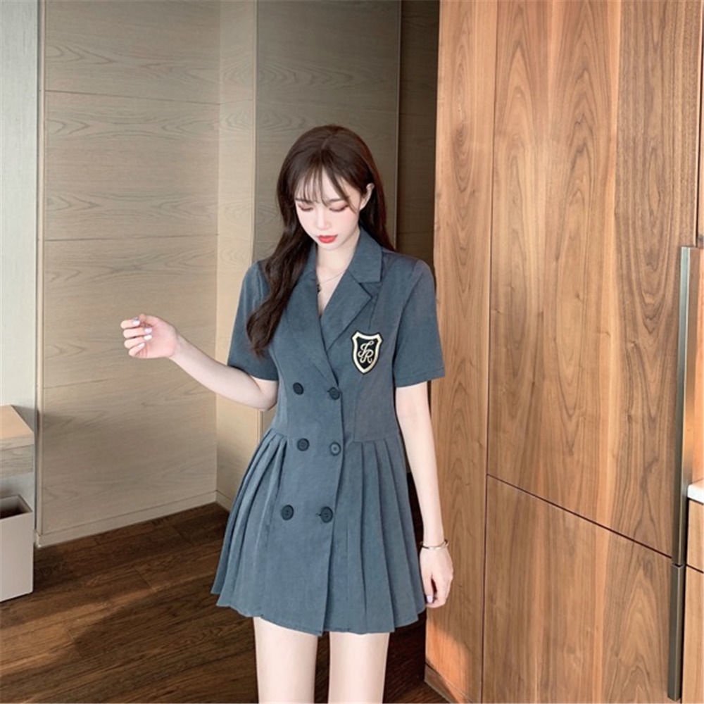 Chân váy ngắn xếp ly hai hàng nút màu đen thời trang mùa hè cho nữ