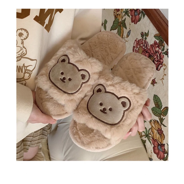 Dép bông lông mềm hình con gấu đi trong nhà kèm ảnh thật