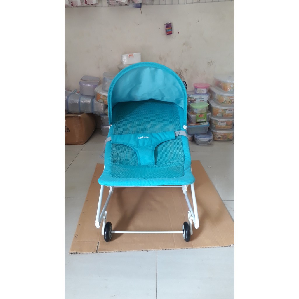 Ghế nhún bập bênh 3 tư thế nằm + 2 chế độ có 4 bánh xe dùng cho bé chơi hoặc ăn dặm Seebaby R1 (kèm màn che như hình)