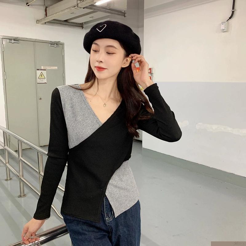 Áo len tay dài cổ chữ V phối màu thời trang Hàn Quốc cho nữ