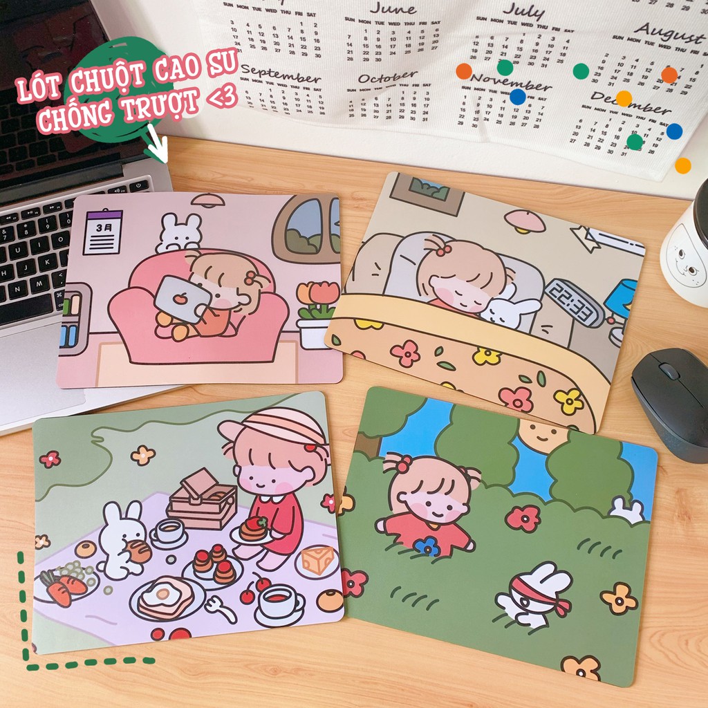Miếng Lót Chuột Cô Gái Yumi & Thỏ Dễ Thương Bàn Di Chuột Mouse Pad Chống Trượt Chống Nước Cho Máy Tính - RosyPosy