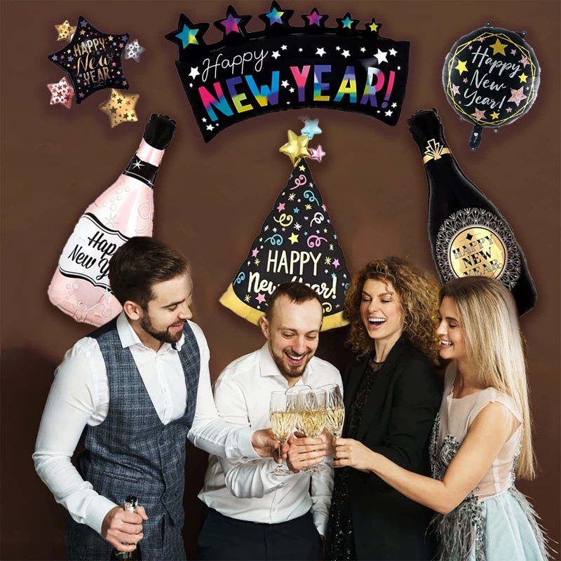 Bộ Bóng Bay Màng Nhôm Hình Chai Rượu Helium Màu Vàng Đen Mừng Năm Mới 2023 Trang Trí Nhà Cửa