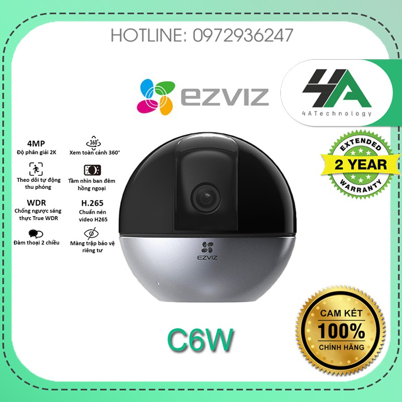 Camera Wifi, camera không dây Ezviz C6W Siêu Nét 4MP 2K AI, quay quét 360 Độ, tự động zoom theo dõi (chính hãng)