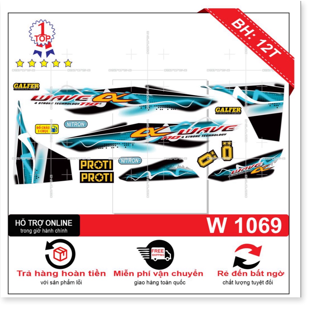 ( Quí khách vui lòng mang ra tiệm cho thợ dán ) Tem wave a 110 2017 xanh trắng