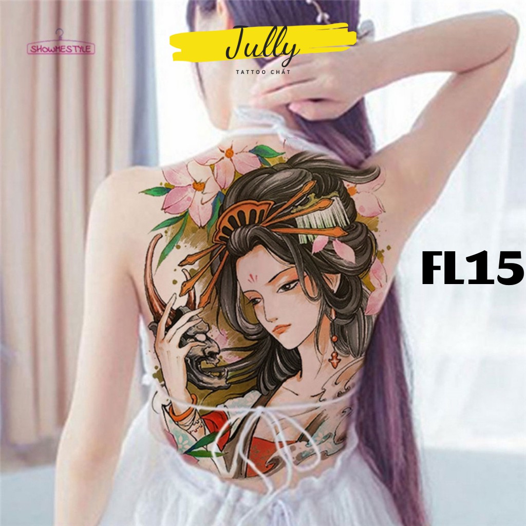 Hình xăm dán kín, full, bít lưng, xăm tạm thời chống nước cô gái nhật Geisha JULLY Tattoo chất cho cả nam và nữ