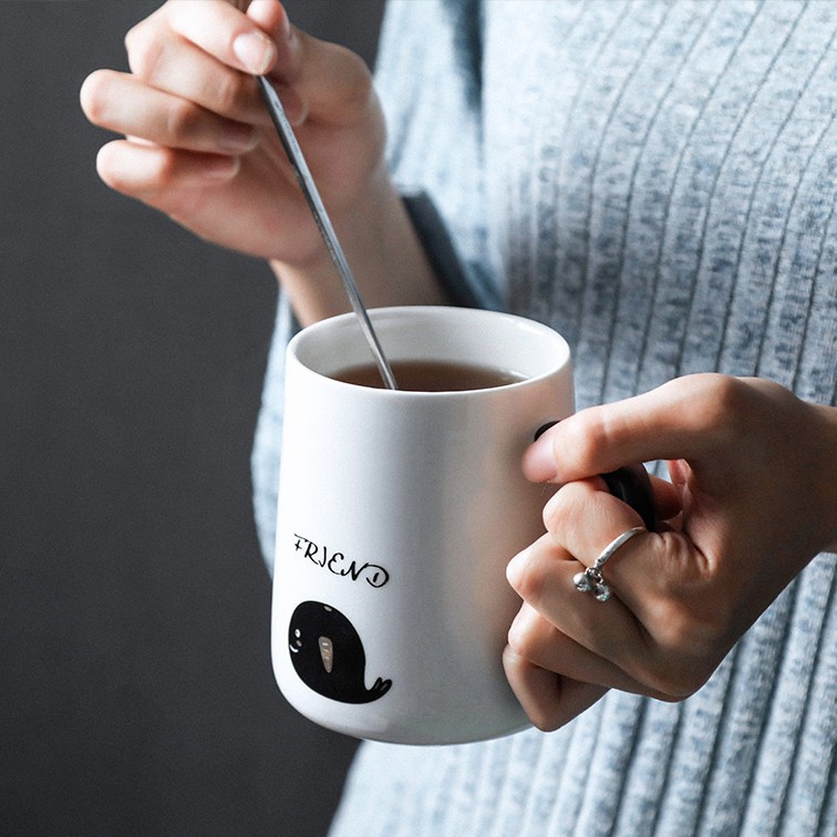 Cốc Uống Cà Phê Bằng Sứ Có Nắp Và Muỗng Phong Cách Bắc Âu Dễ Thương Sáng Tạo Dành Cho Cặp Đôi