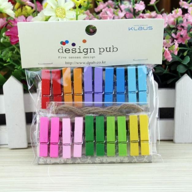 Set 20 kẹp gỗ 3.5cm nhiều màu (tặng dây thừng treo ảnh, tập kẹp đồ)