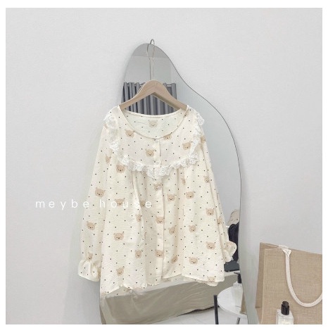 Bộ Pijama pha ren ngực cho mẹ mặc sau sinh_đồ bộ bầu cho con bú Chất liệu đũi xốp dày dặn cho mùa thu đông