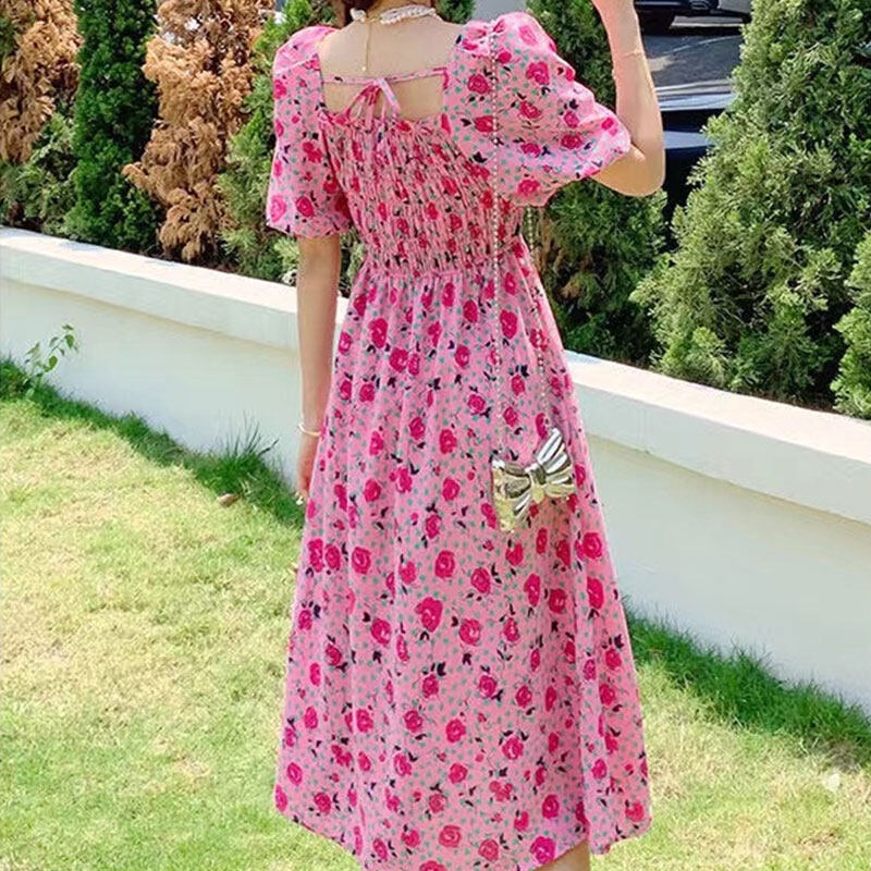 Đầm YEYA tay phồng cổ vuông in họa tiết hoa size lớn thời trang mùa hè xinh xắn dành cho nữ