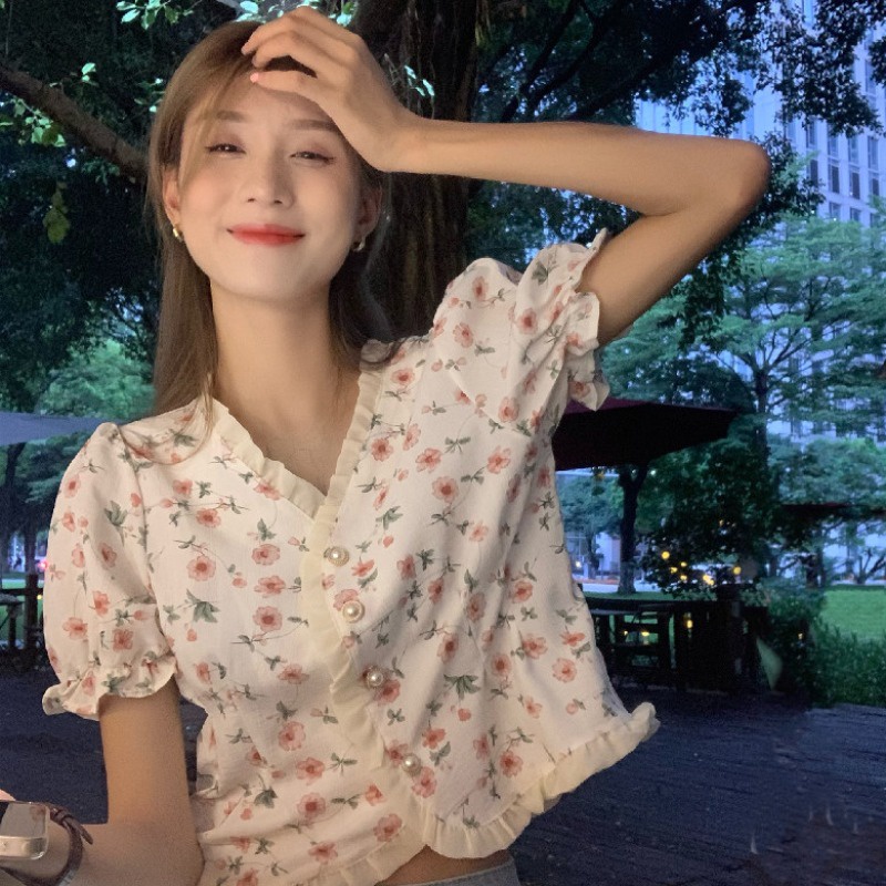 SUXI Áo Kiểu Tay Phồng Ngắn Cổ Chữ V Dáng Ôm In Họa Tiết Hoa Phong Cách Cổ Điển Thời Trang Mùa Hè Cho Nữ
