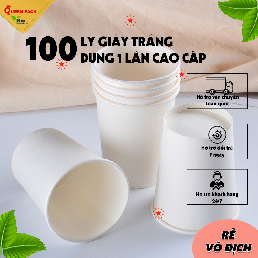 Sỉ 100 Ly/Cốc Giấy Trắng Kèm Nắp Pet/Nhiệt Dùng Đựng Đồ Uống Nóng, Lạnh Coffe Trà Sữa