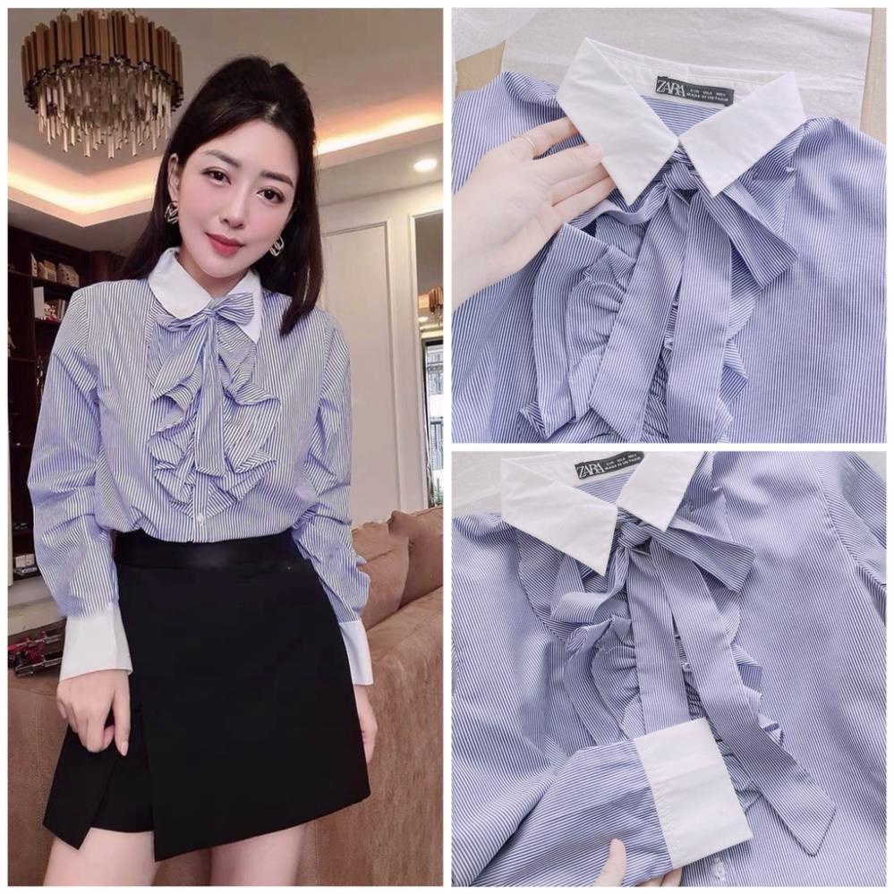 ÁO SƠ MI NỮ KẺ XANH PHỐI CỔ BÈO NƠ