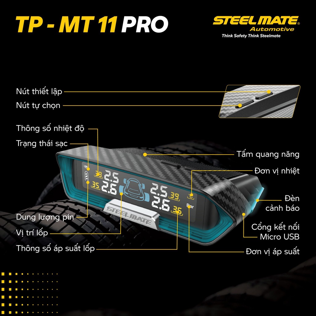 Cảm Biến Áp Suất Lốp Ô tô Steelmate MT11 MT30 Van Gắn Trong Sạc Năng Lượng Mặt Trời TPMS Xe Hơi Chính Hãng - BH 3 Năm