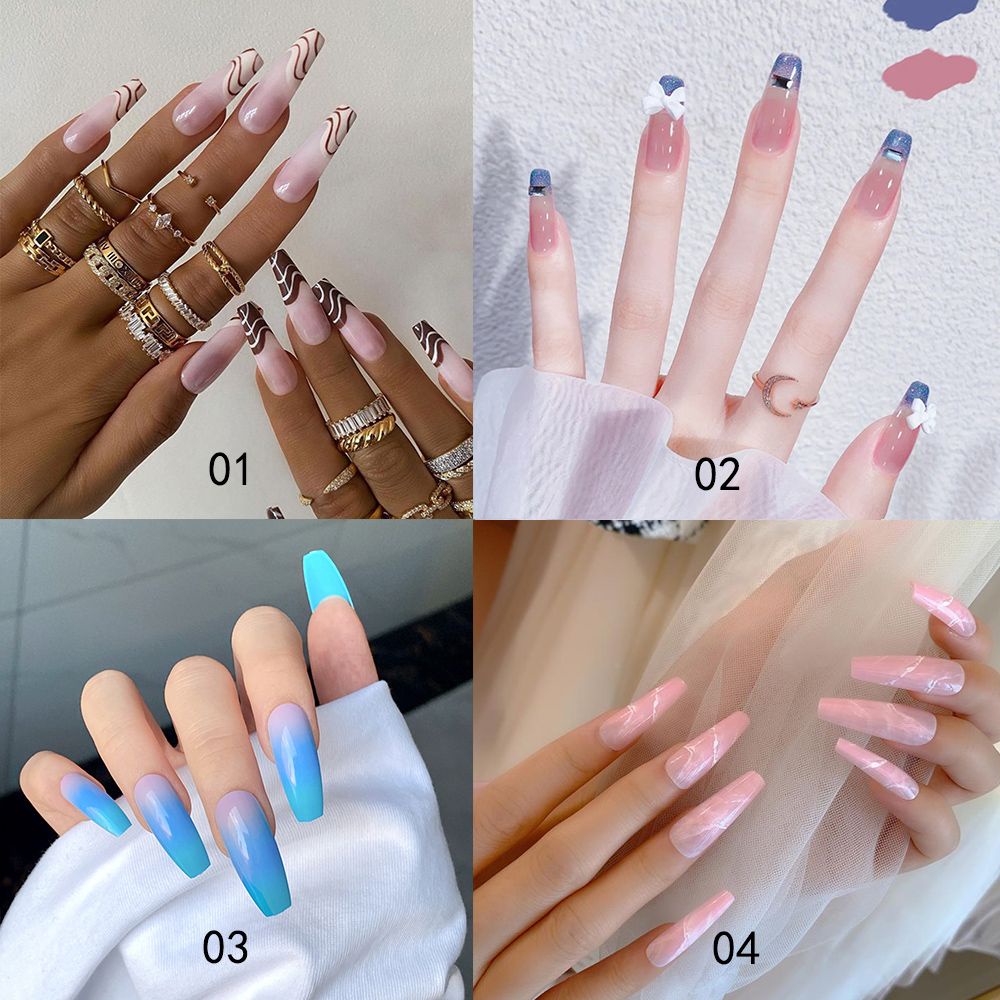 [Hàng mới về] Hộp 24 móng tay giả dài đầy đủ có thể tháo rời phong cách thời trang dành cho nữ