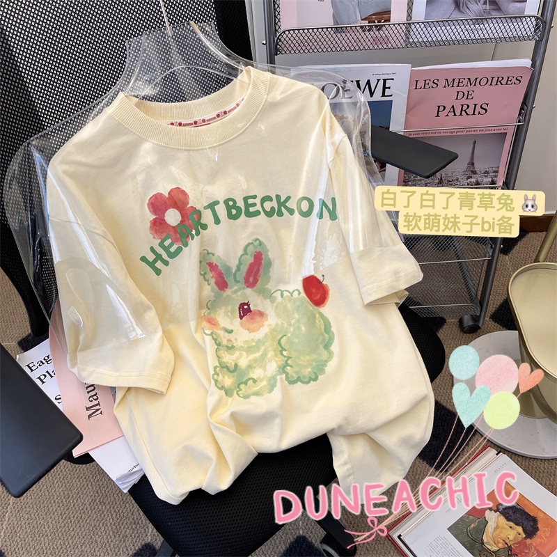 DUNEA Áo Thun Tay Ngắn Cổ Tròn Dáng Rộng In Chữ Và Hoạt Hình Xinh Xắn Cho Nữ
