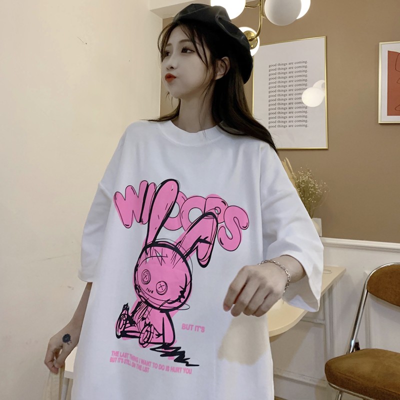Áo thun tay lỡ Unisex nam nữ  in hình chú thỏ hồng cực đẹp, áo phông tay lỡ unisex form rộng oversize streetwear