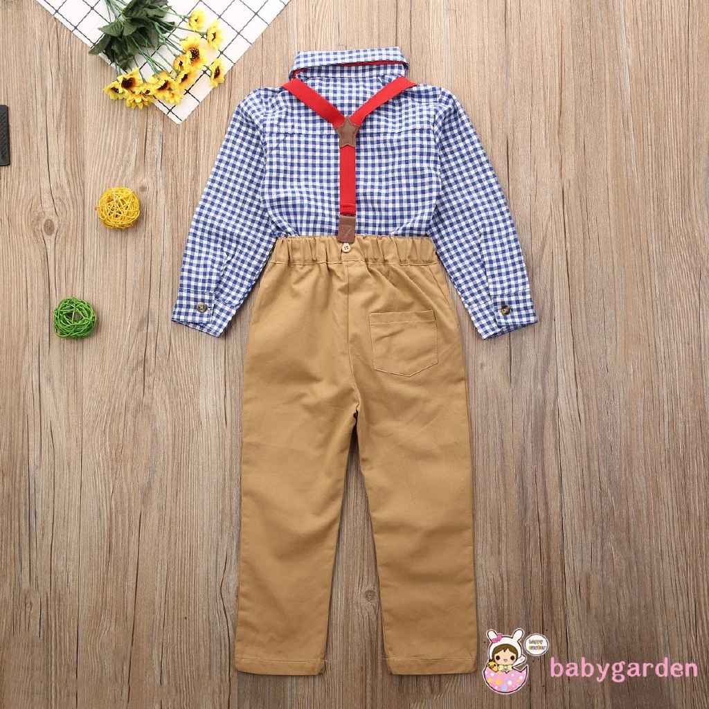 ღ♛ღ3PCS Baby Boys Outfit Bow+Plaid Tops+Pants Gentleman Clothes Set