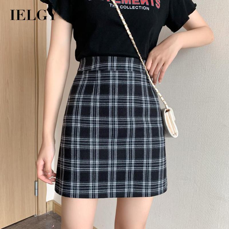 Chân váy IELGY lưng cao dáng chữ A họa tiết sọc caro thời trang cho nữ tùy chọn màu sắc