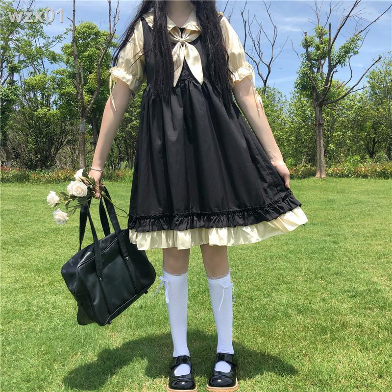 Lolita Nhật Bản ngọt ngào thắt nơ búp bê cổ áo giả hai mảnh khâu eo cao váy bèo nhún nữ mùa hè