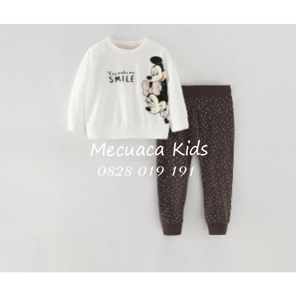 [90-140] Bộ ngủ dài tay cotton mặc nhà thu đông cho bé gái Ghi ngựa và mickey nâu