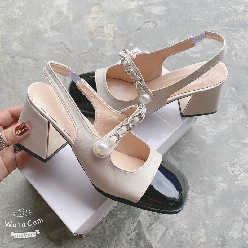 Giày quai ngang vintage, giày hở gót, gót vuông 7cm