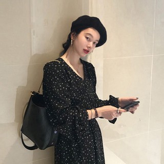 (ORDER) Váy voan hoa dài tay cổ V màu đen sang trọng Hàn Quốc