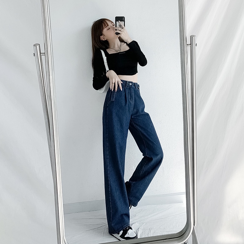 Quần jean cạp cao dáng rộng thiết kế mới thời trang phong cách Hàn Quốc