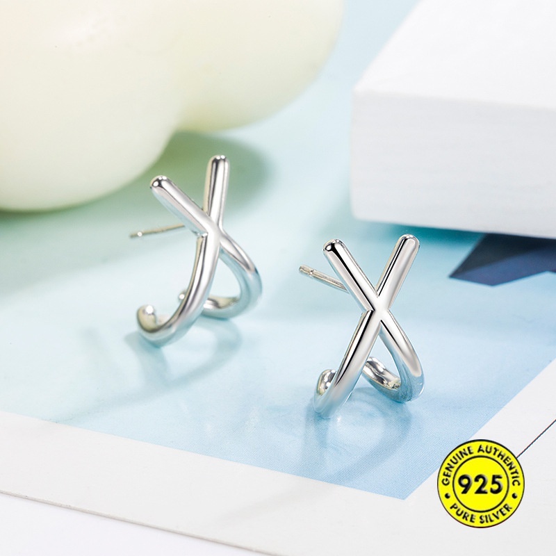 Bông Tai Mạ Bạc 925 Hình Chữ X Đính Đá Sang Trọng