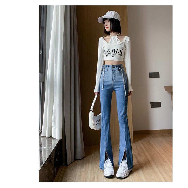 Quần Jean Nữ Ống Loe Xẻ Tà Lưng Cao Co Giãn Màu Gradient Phong Cách Mới