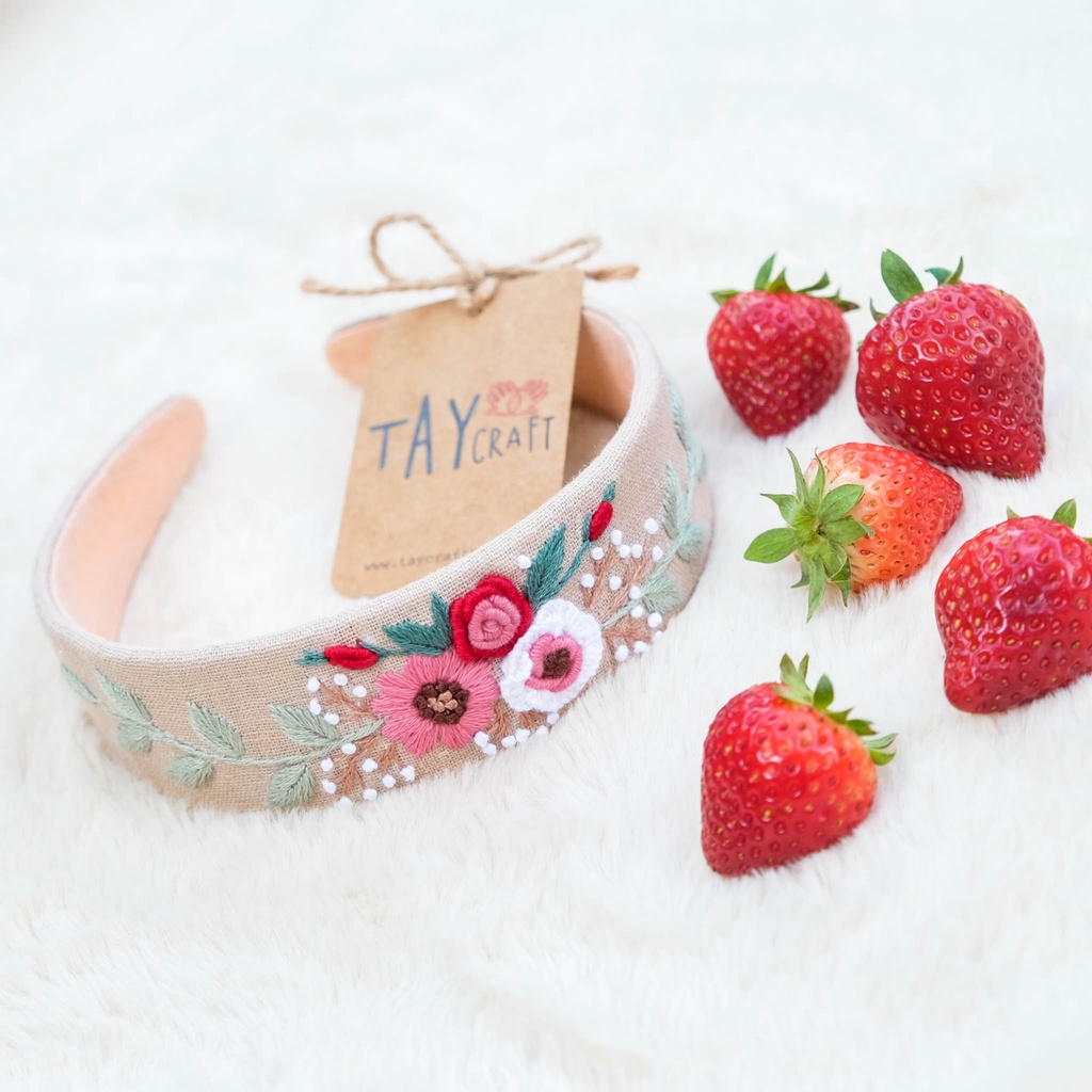 Bờm tóc linen handmade, Băng đô cài tóc thêu tay thủ công bản 4cm