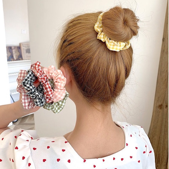 Cột tóc dây vải kate caro sắc màu 9cm chun co giãn không đau tóc thời trang Hàn Quốc Tatitava