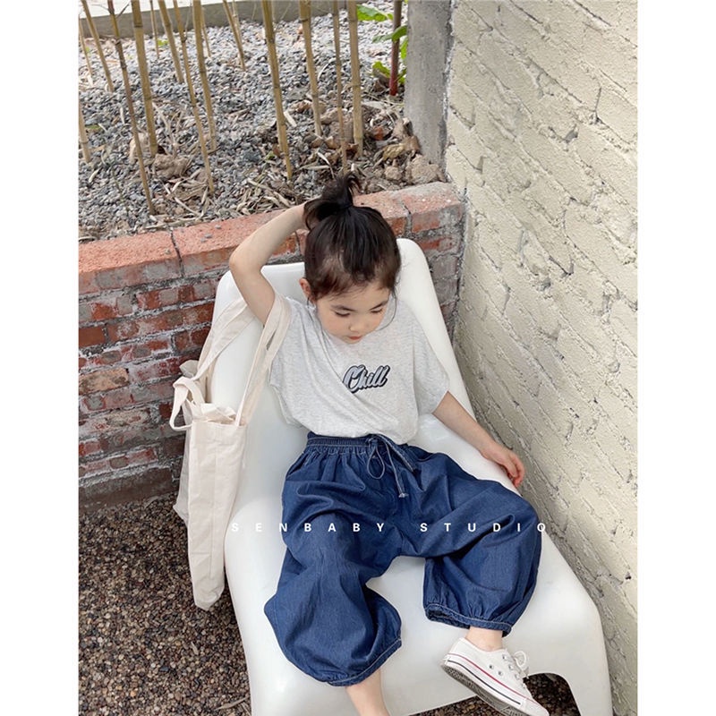 Bộ Áo Thun Tay Ngắn Và Quần Denim Cotton Dáng Rộng Thoải Mái Phong Cách Hàn Quốc Cho Bé Gái