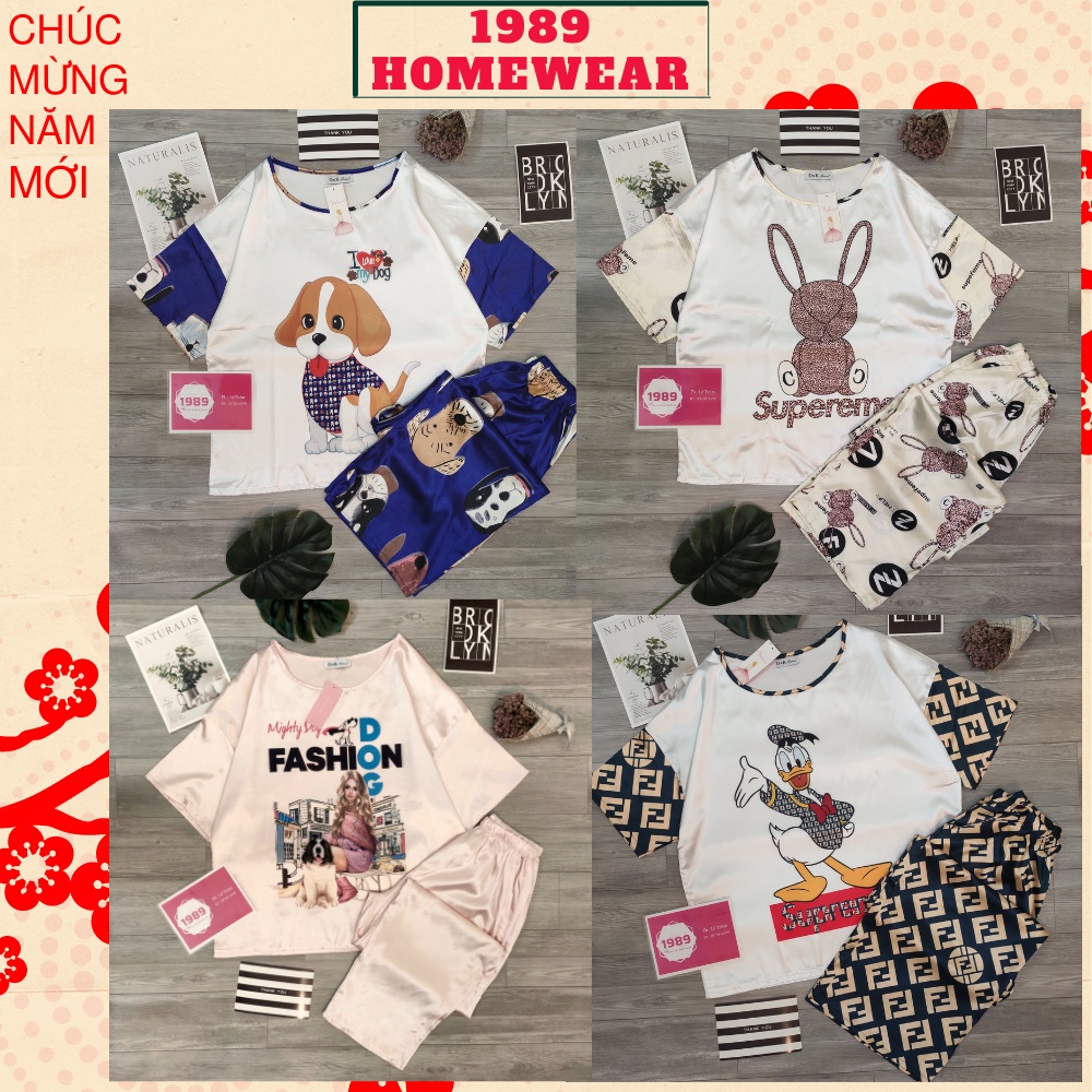 Đồ bộ mặc nhà dễ thương. Đồ bộ lụa satin cao cấp. Đồ bộ Lụa Satin cổ tròn phối hình thú dễ thương