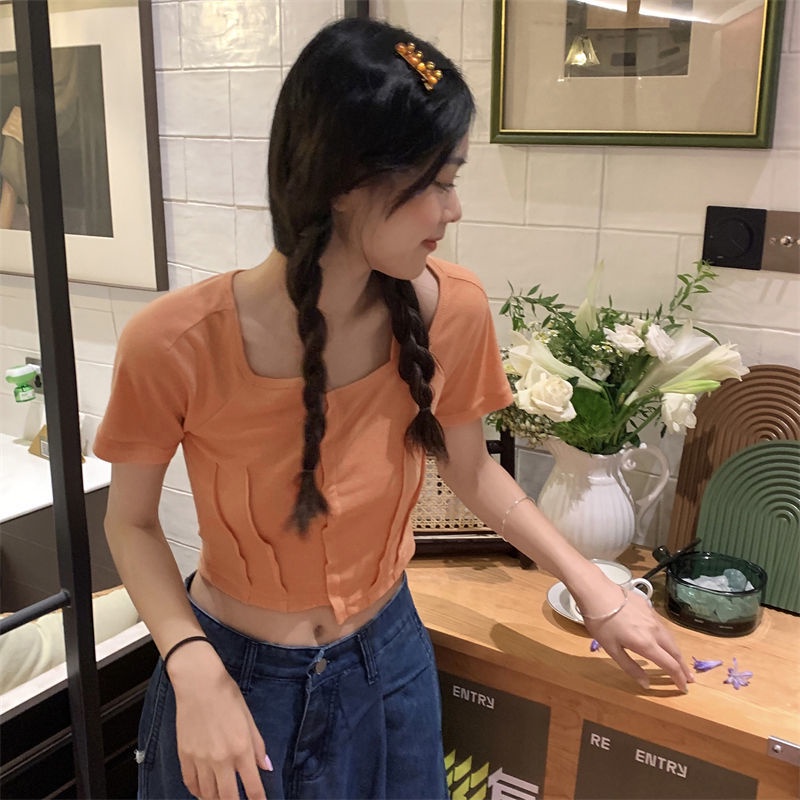 Áo Thun Cotton Tay Ngắn Cổ Vuông Ôm Dáng Thời Trang Dành Cho Nữ