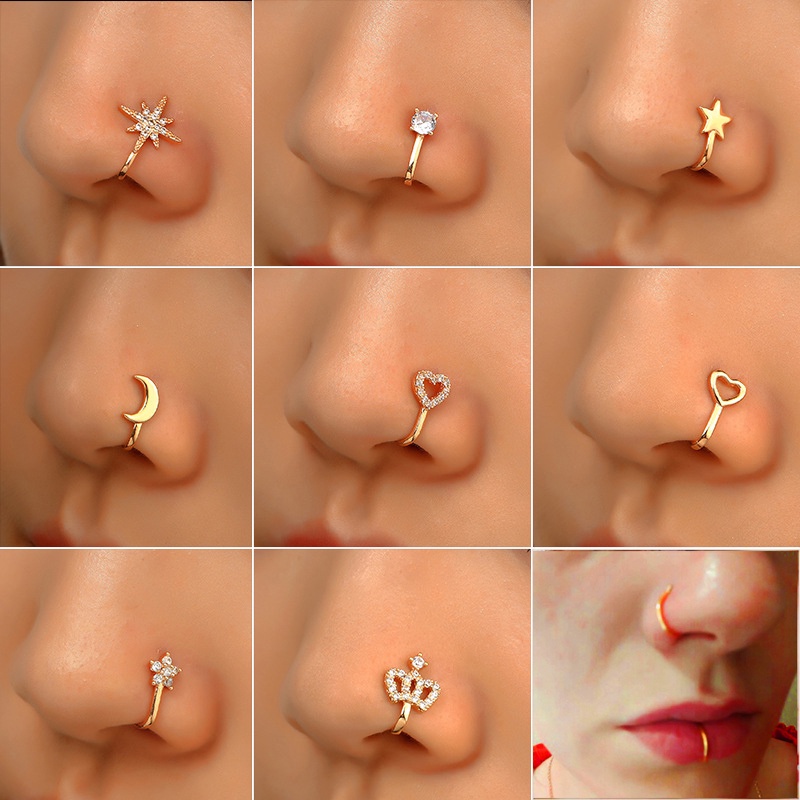 Bộ Khuyên Mũi Kẹp Mũi Không Đục Lỗ Hình Chữ U Đính Đá Zircon Giả Thời Trang