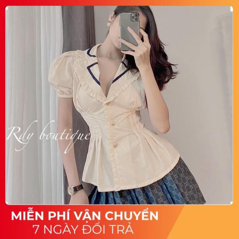 [ 𝐅𝐑𝐄𝐄 𝐒𝐇𝐈𝐏 ] Set Sơ Mi Bèo Tay Bồng Mix Chân Váy Nắp Túi