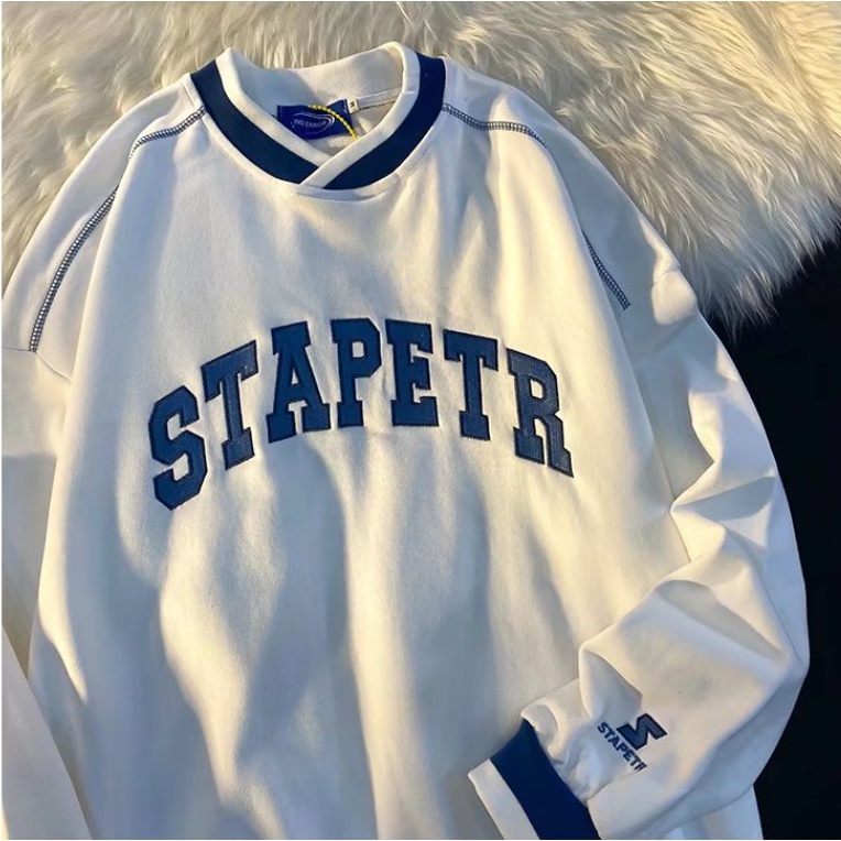 Áo Sweater Cổ Tròn Dáng Rộng Thêu Họa Tiết Đơn Giản Phong Cách Nhật Bản Cho Cặp Đôi áo thu đông áo hoodie nam