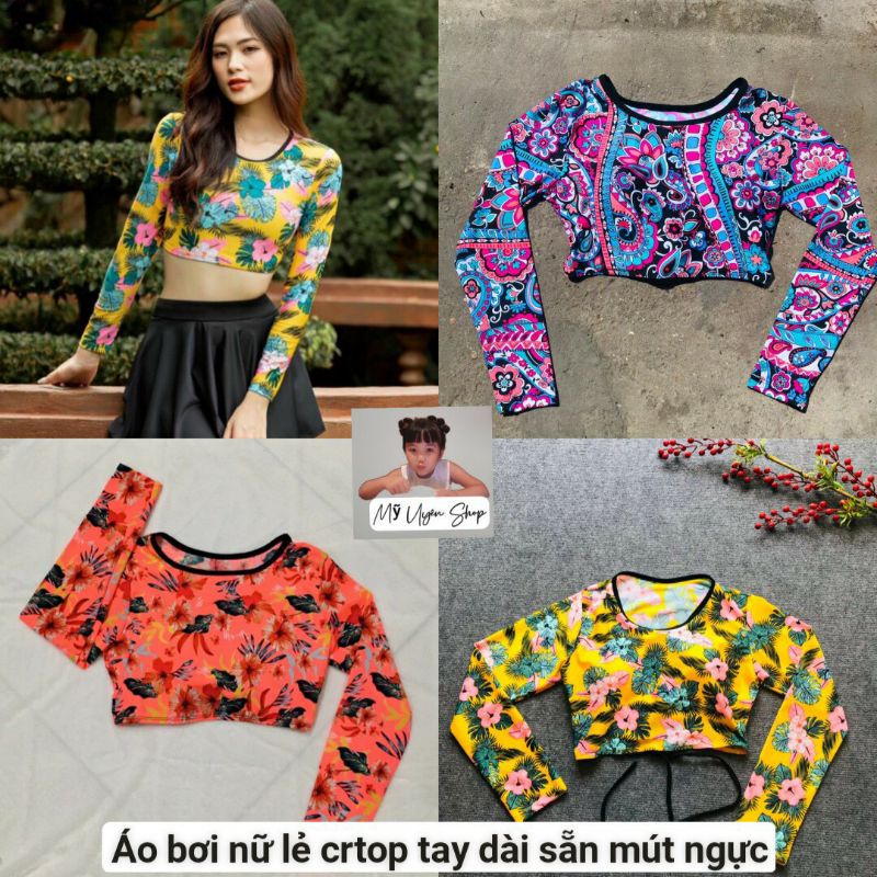 11 Mẫu áo bơi nữ tay dài phom crtop hở bụng sẵn mút ngực kết hợp với các mẫu quần lẻ bikini (free size 40 đến 60 ký)