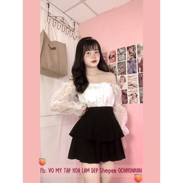Set áo bẹt vai tay voan phối chân váy tầng xoè