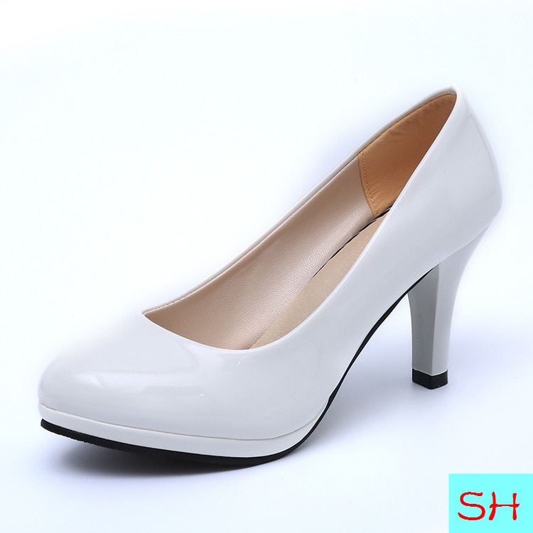Giày Cao Gót Mũi Tròn Màu Trắng Đen Thời Trang Công Sở Cho Nữ