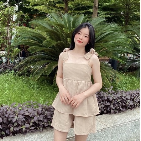 Set áo hai dây kèm nơ vai quần soóc dáng xoè thoáng mát đi chơi đi biển nhiều màu sắc