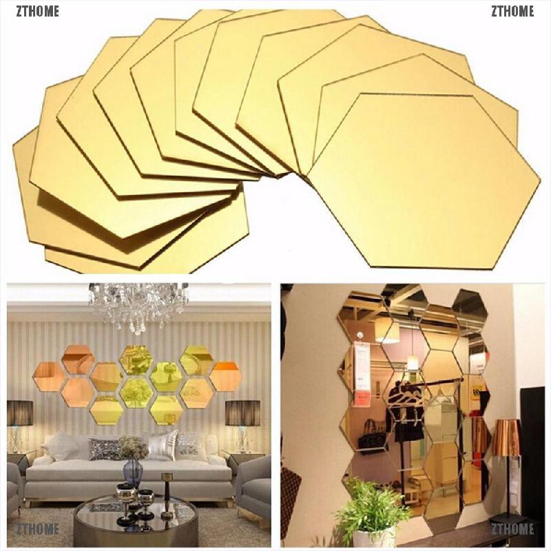 Set 12 Miếng Dán Gương 3d Hình Lục Giác Độc Đáo