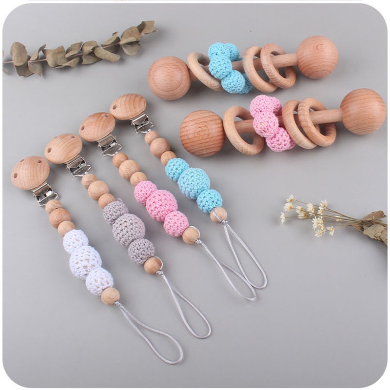 Bộ 2 Chuông Lục Lạc Đồ Chơi Ngậm Mọc Răng Bằng Dây Chuỗi Hạt Len Kẹp Núm Vú Giả Có Thể Làm Giá Đỡ Cho Bé