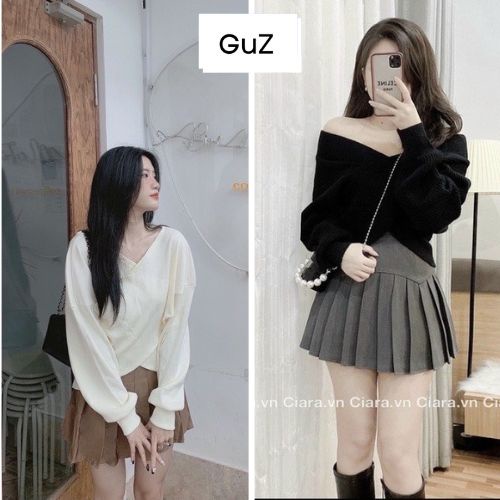 Áo nữ trơn kiểu trễ vai may vạt chéo tay dài có 2 màu trắng và đen trẻ trung dễ phối đồ style hàn quốc GUZ