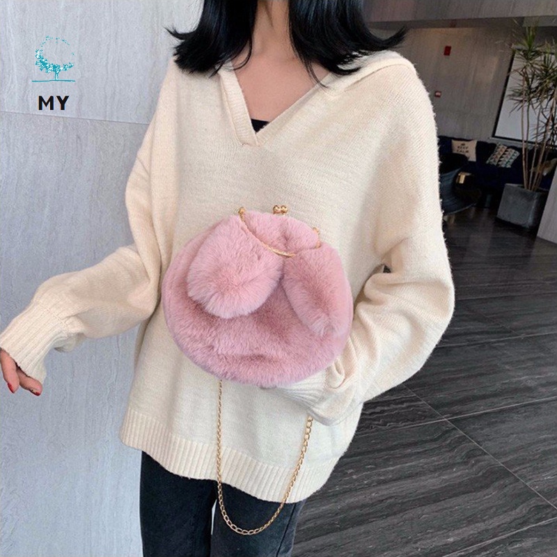 Túi Đeo Chéo Dây Xích Kim Loại Vải Lông Hình Tai Thỏ Thời Trang Cho Phụ Nữ