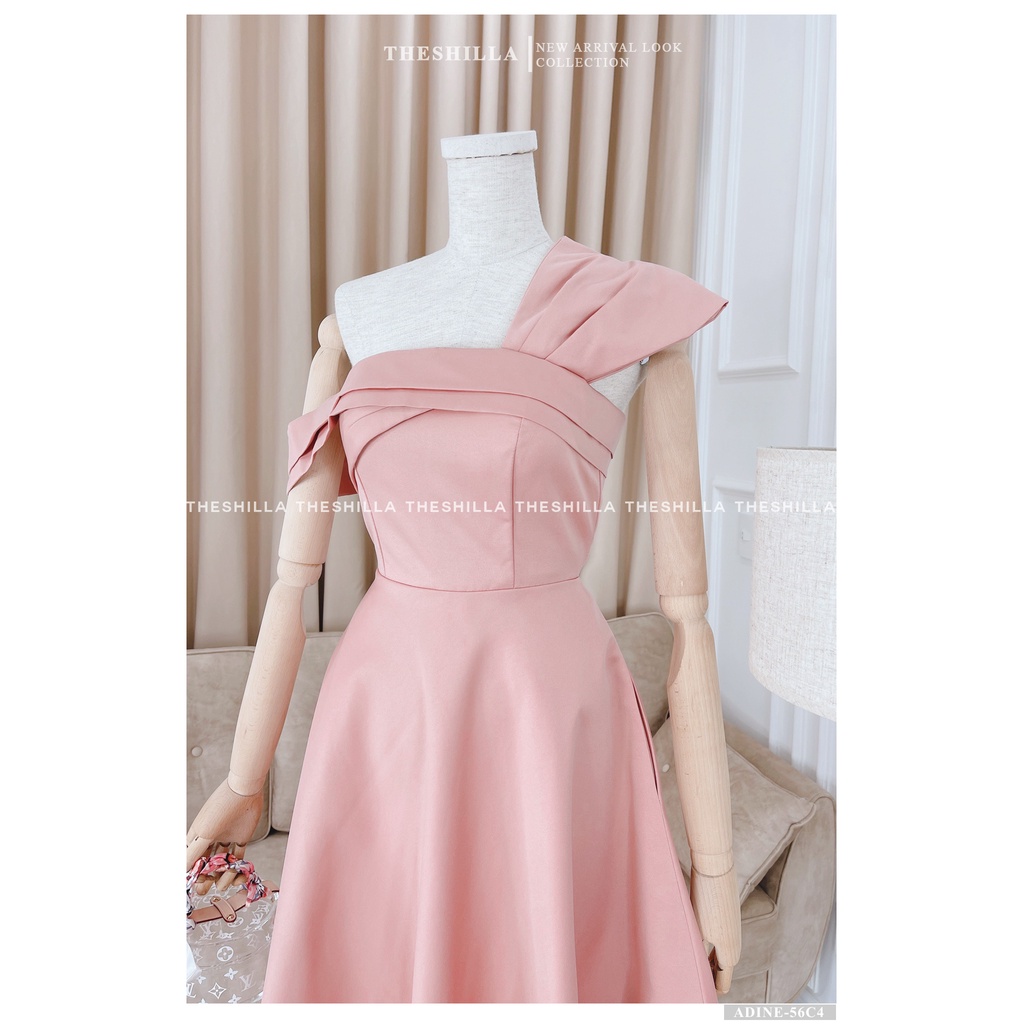 Váy thiết kế cao cấp hồng pastel lệch vai nơ ngực form xòe sang trọng [ Có video + Ảnh thật ] The Shilla -Adine-56C4