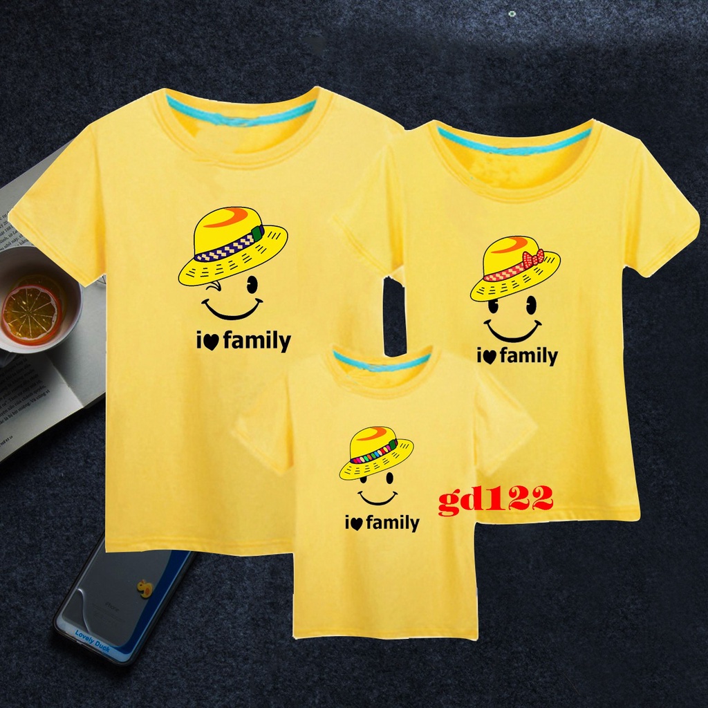 đồ cặp gia đình đi biển mặt cười đội nón rơm I love family -- [Giá niêm yết là giá của 1 áo]