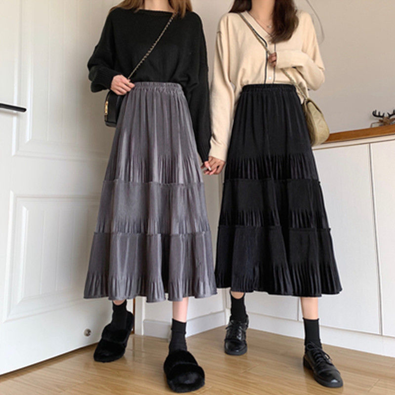 Chân Váy Len Long Gold Velvet Cake Pleated High Waist Thin A-line Skirt