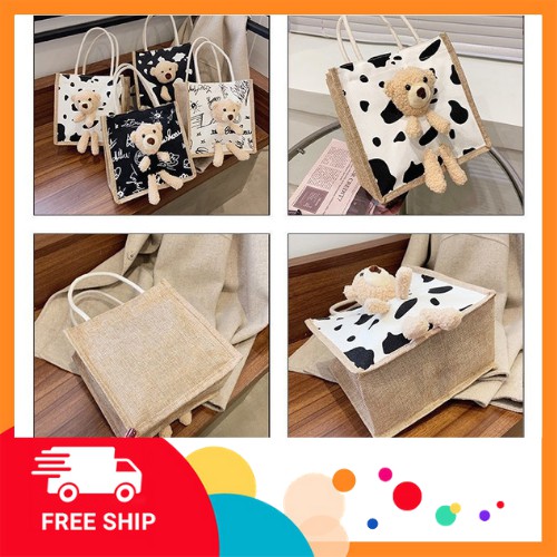 Túi cói đi biển, KÈM GẤU NHƯ ẢNH, Có khóa miệng, size 21