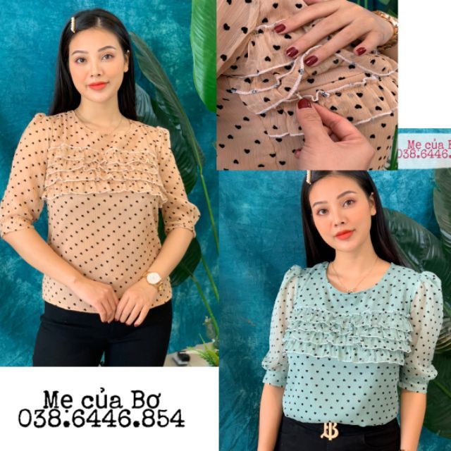 Áo sơ mi bèo ngực CÓ KHÓA CHO CON BÚ họa tiết tim nhí- màu da + xanh - HÀNG CÓ SẴN- ĐỦ SIZE- thích hợp cho mẹ sau sinh